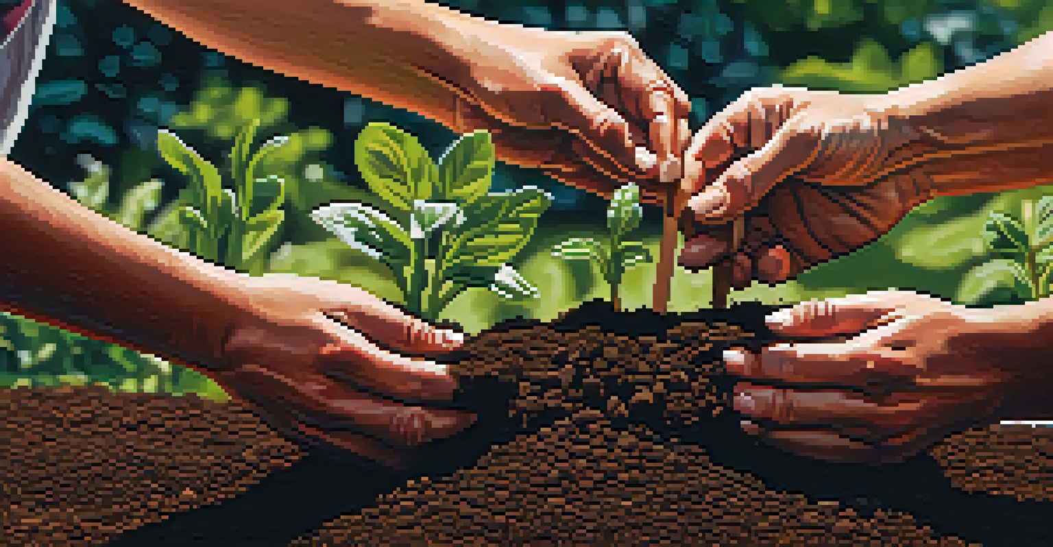Close-up of hands planting seeds in soil in a community garden, surrounded by greenery.