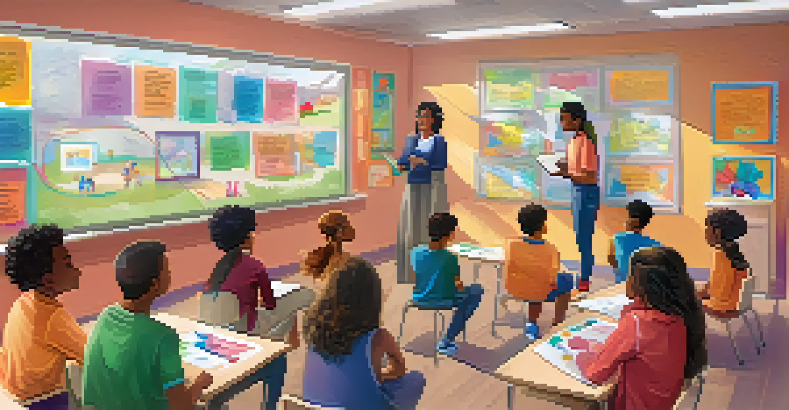 A classroom with a teacher conducting a mental health workshop, with students engaged in discussion and colorful educational materials on display.
