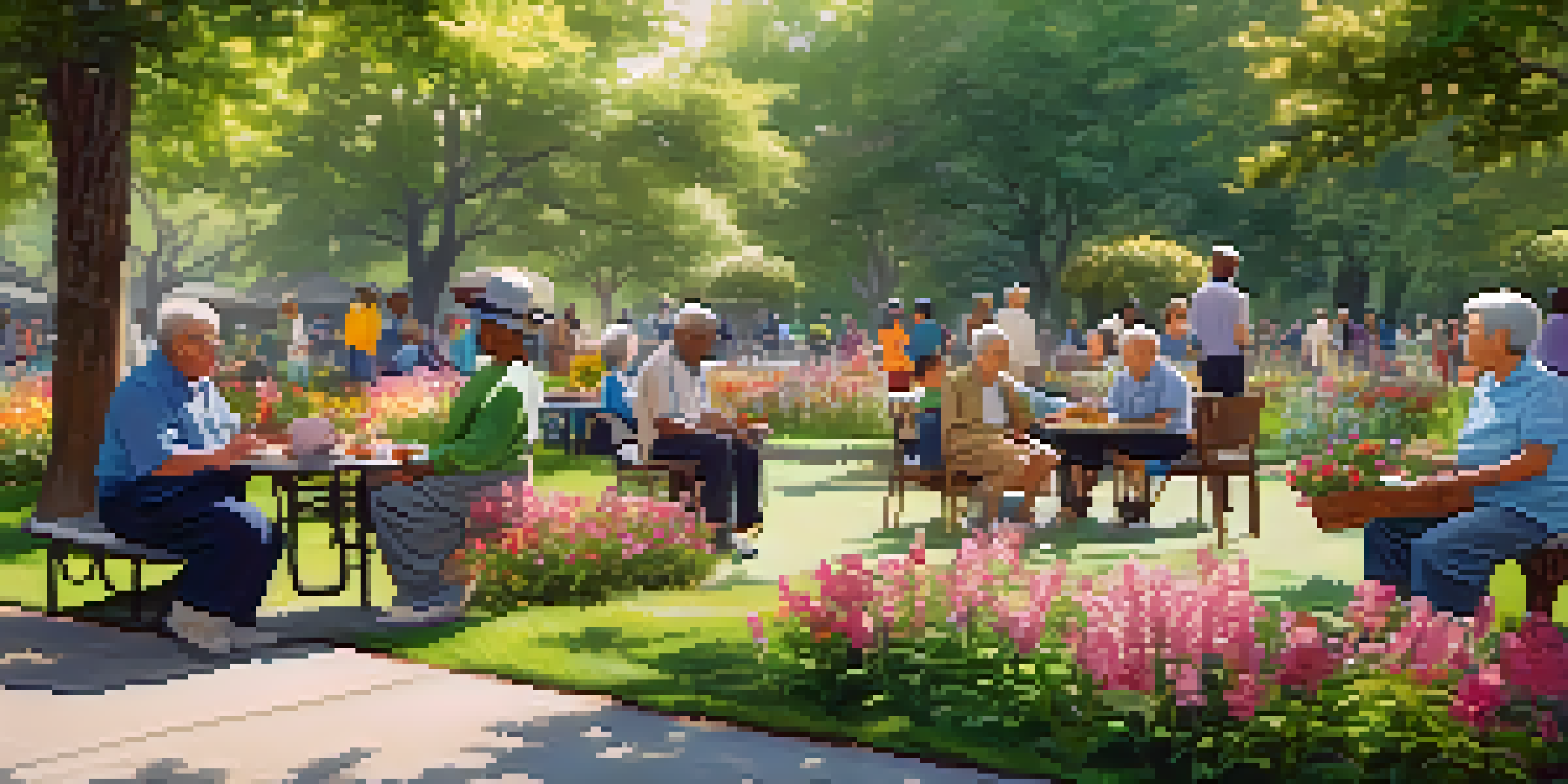 A diverse group of seniors participating in an outdoor community event in a park, surrounded by flowers and trees, with sunlight filtering through the leaves.