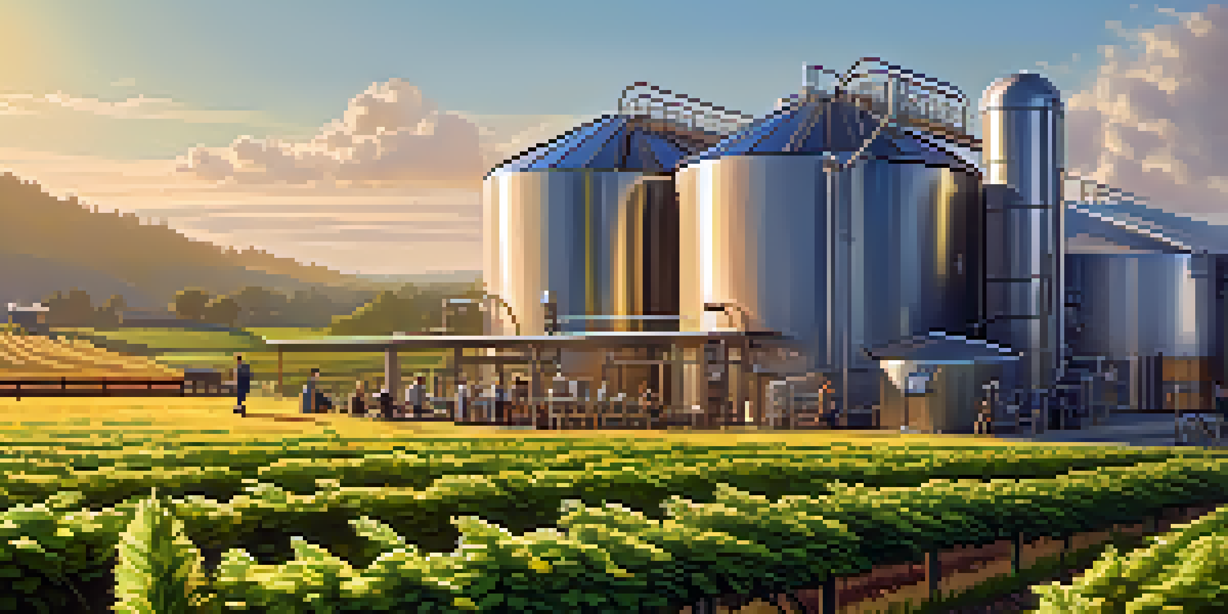A beautiful craft brewery in California with solar panels, surrounded by green fields and plants, showcasing the brewing process.