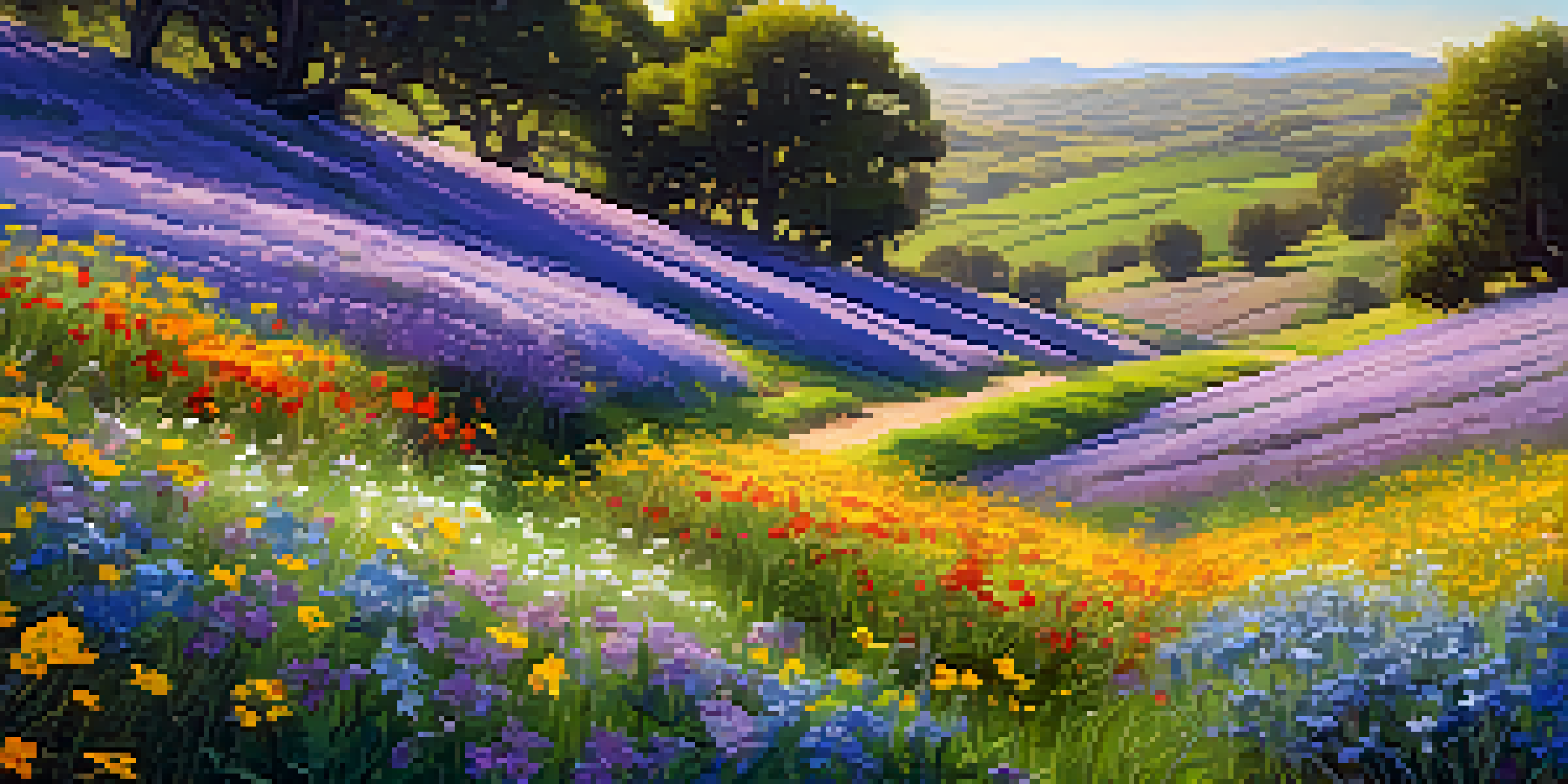 A vibrant field of wildflowers in spring, with a clear blue sky and rolling green hills in the background.
