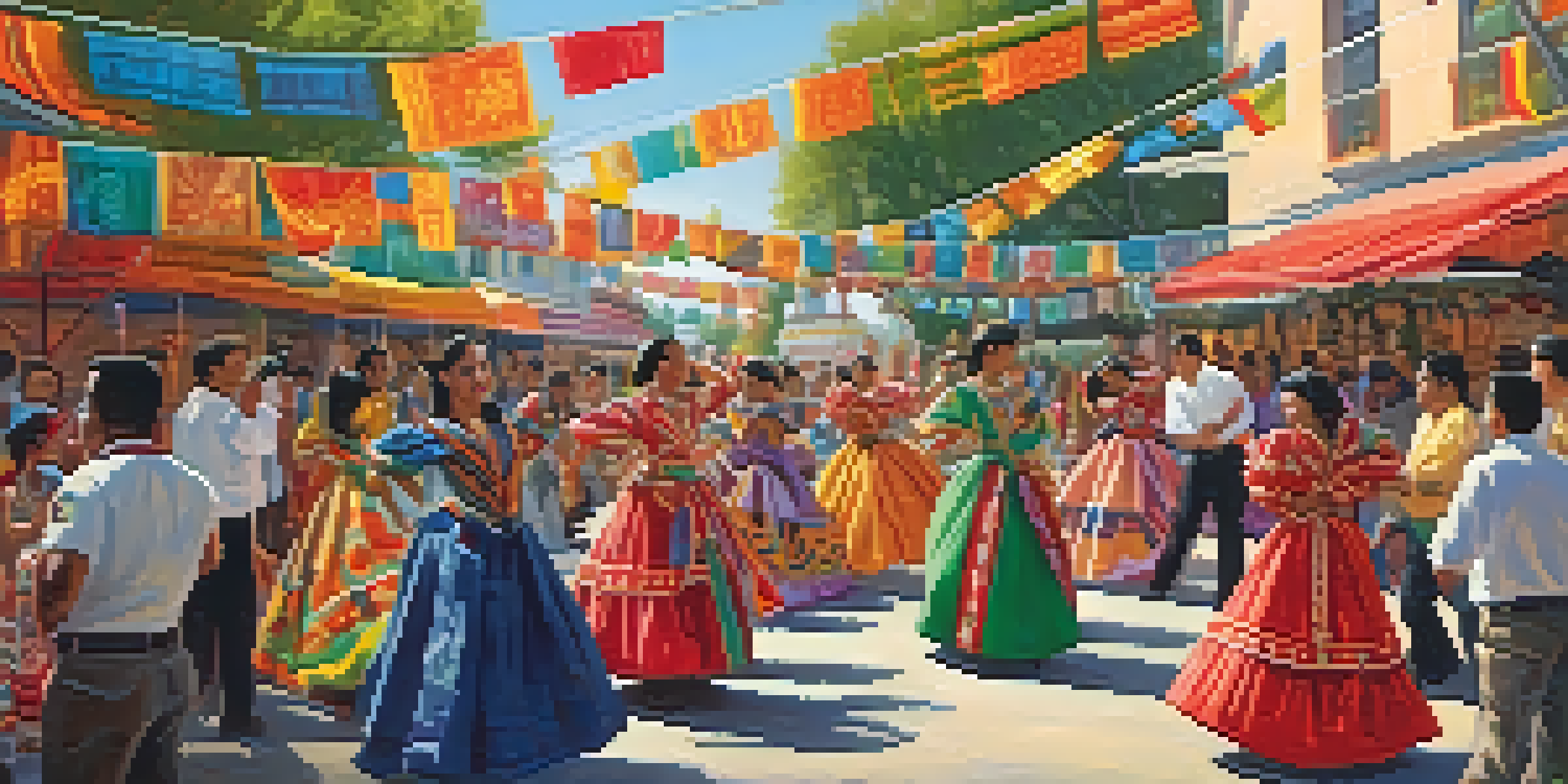 A lively street scene at a Hispanic heritage festival, with people dancing in traditional attire and colorful decorations all around.