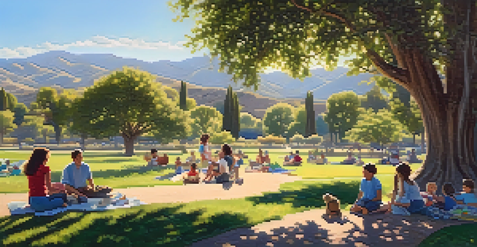 A sunny park in California with families enjoying the outdoors, children playing, and mountains in the background.