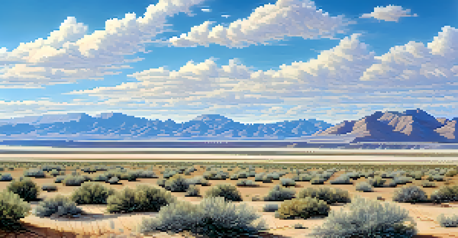 A panoramic view of the Great Basin Desert with sandy terrain, sagebrush, and a distant mountain range under a blue sky.
