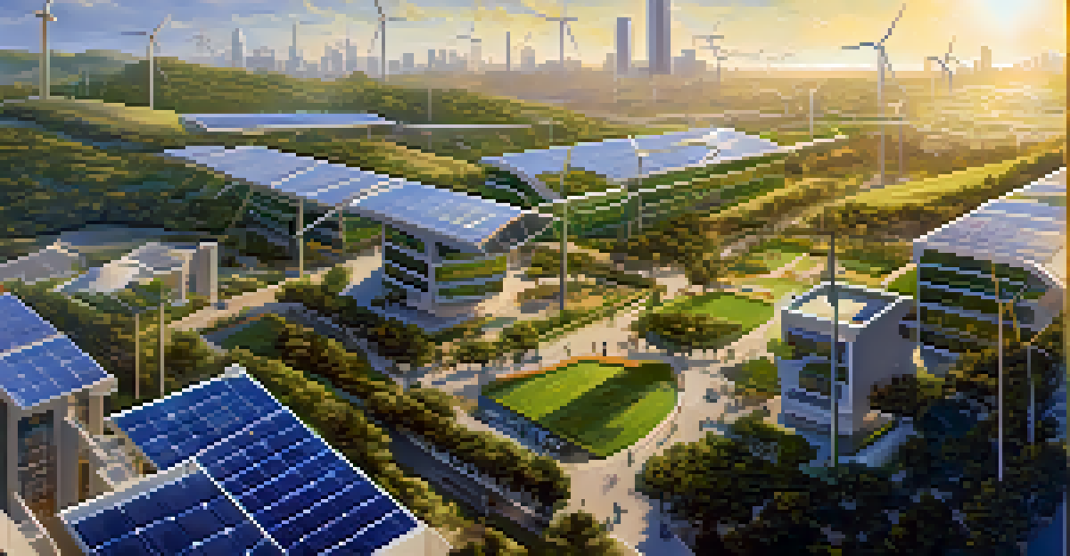 A futuristic cityscape in California featuring renewable energy sources like solar panels and wind turbines, surrounded by greenery under a sunny sky.