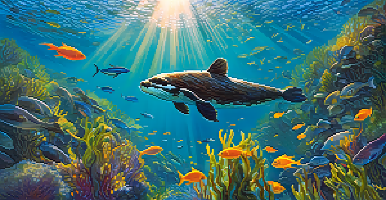 An underwater view of a kelp forest filled with fish and a sea otter swimming.