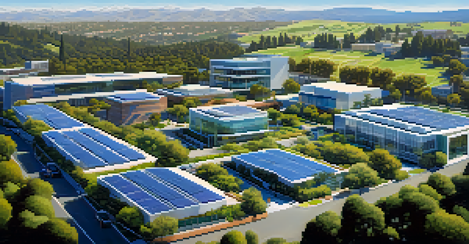 An aerial view of Silicon Valley with modern tech campuses and green surroundings.