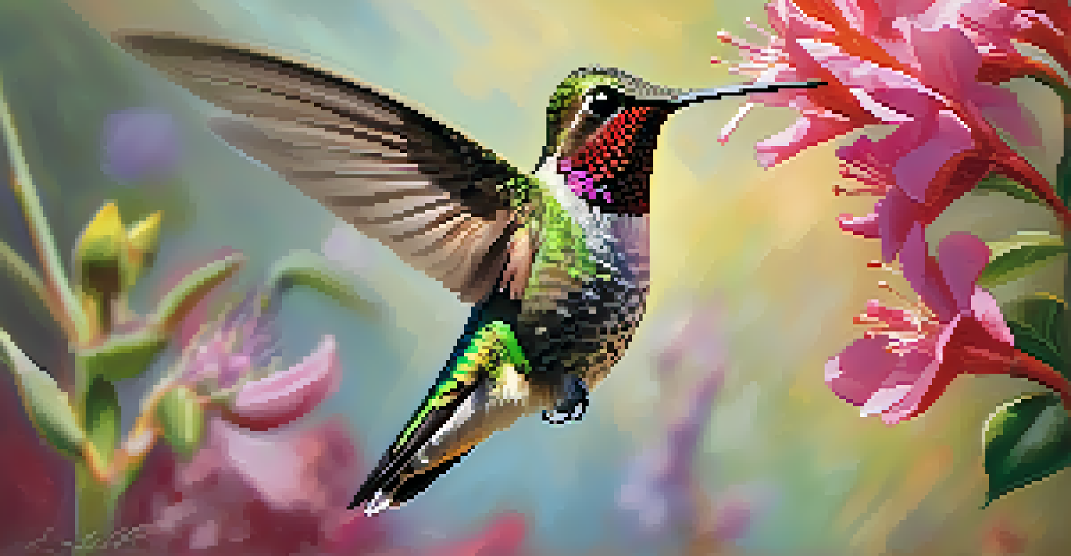 A close-up of an Anna's Hummingbird in mid-air, surrounded by bright garden flowers, with sunlight enhancing its iridescent colors.