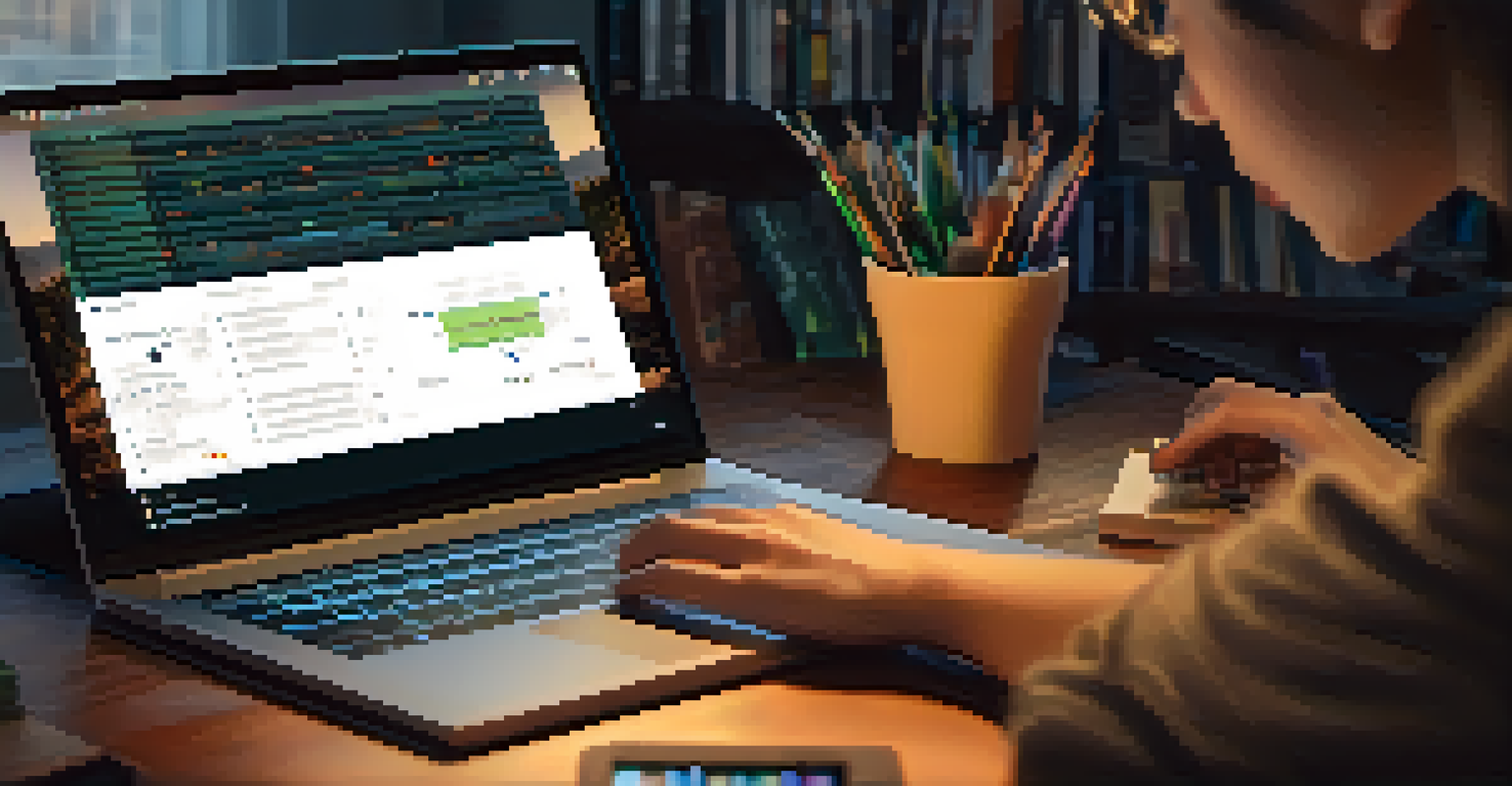 A close-up of a laptop showing coding work with hands typing and a study space in the background.