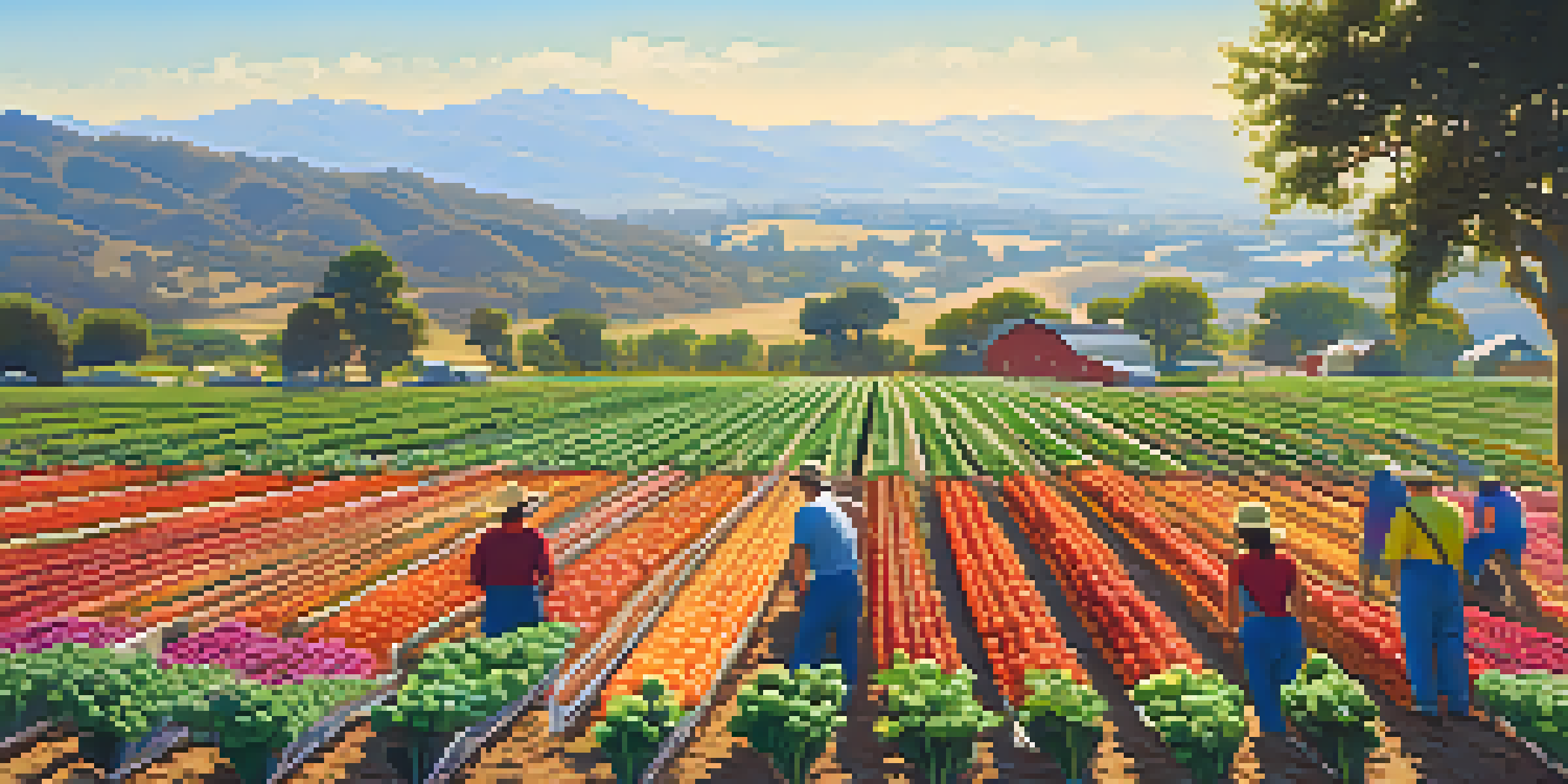 A farmer inspecting colorful vegetables and fruits in a sunny California organic farm, with mountains in the background.