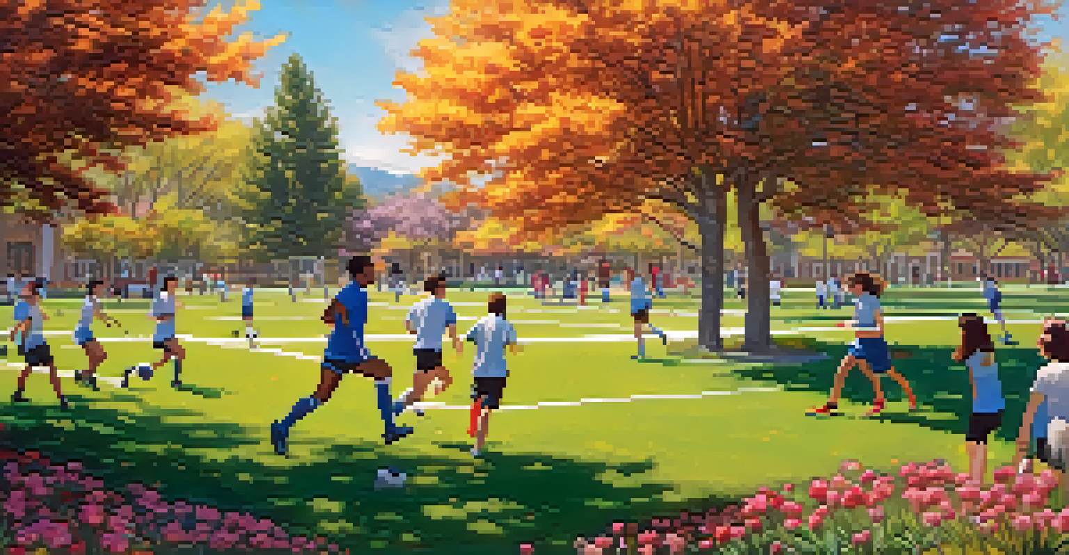 Students playing soccer on a sunny college campus, surrounded by trees and flowers, representing community and wellness.