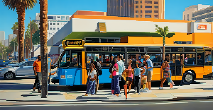A lively bus stop in Los Angeles with diverse individuals waiting for the bus, surrounded by palm trees and modern buildings under a clear blue sky.