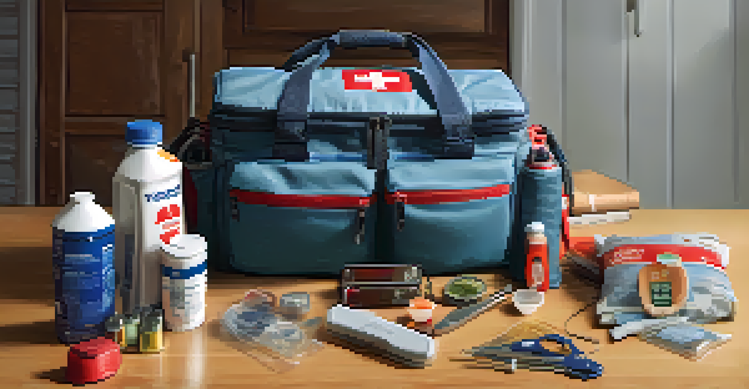A close-up view of an organized emergency kit at home, showcasing essential supplies and a family photo in the background.