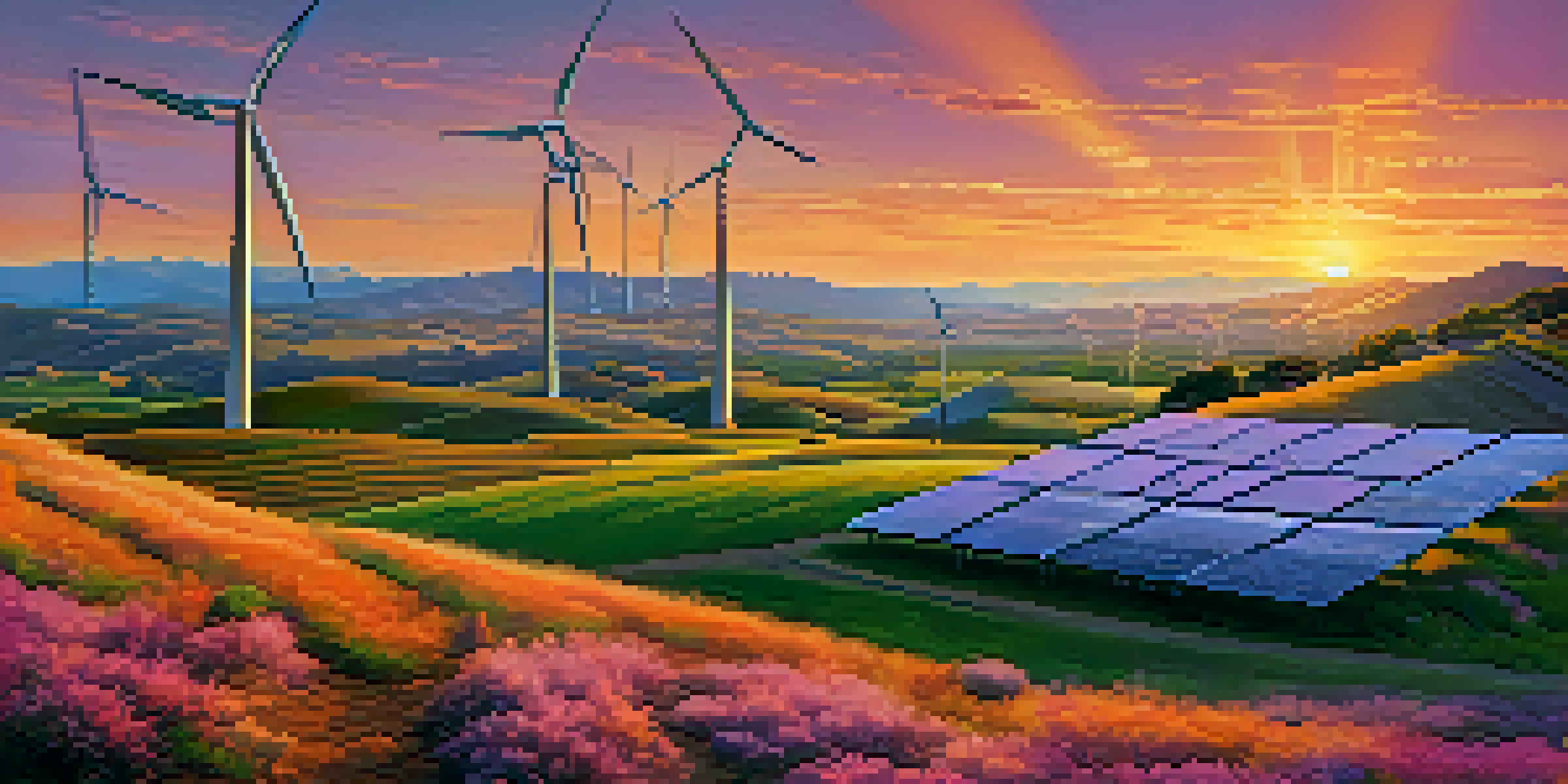 A panoramic view of a California landscape with a sunset over hills, solar panels in the foreground, and wind turbines in the distance.