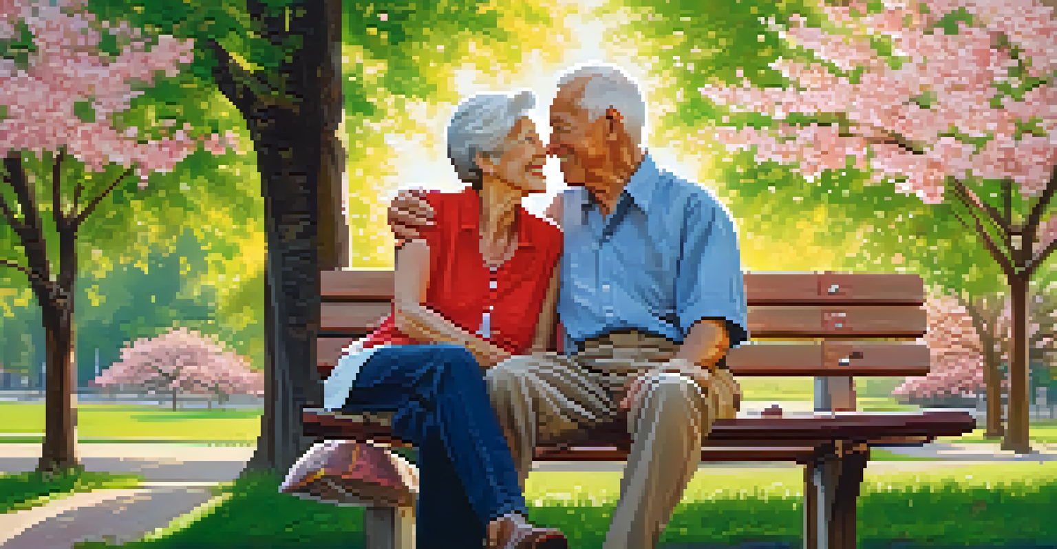 An older couple sitting on a park bench under a cherry blossom tree, smiling at each other in a vibrant, sunny setting.