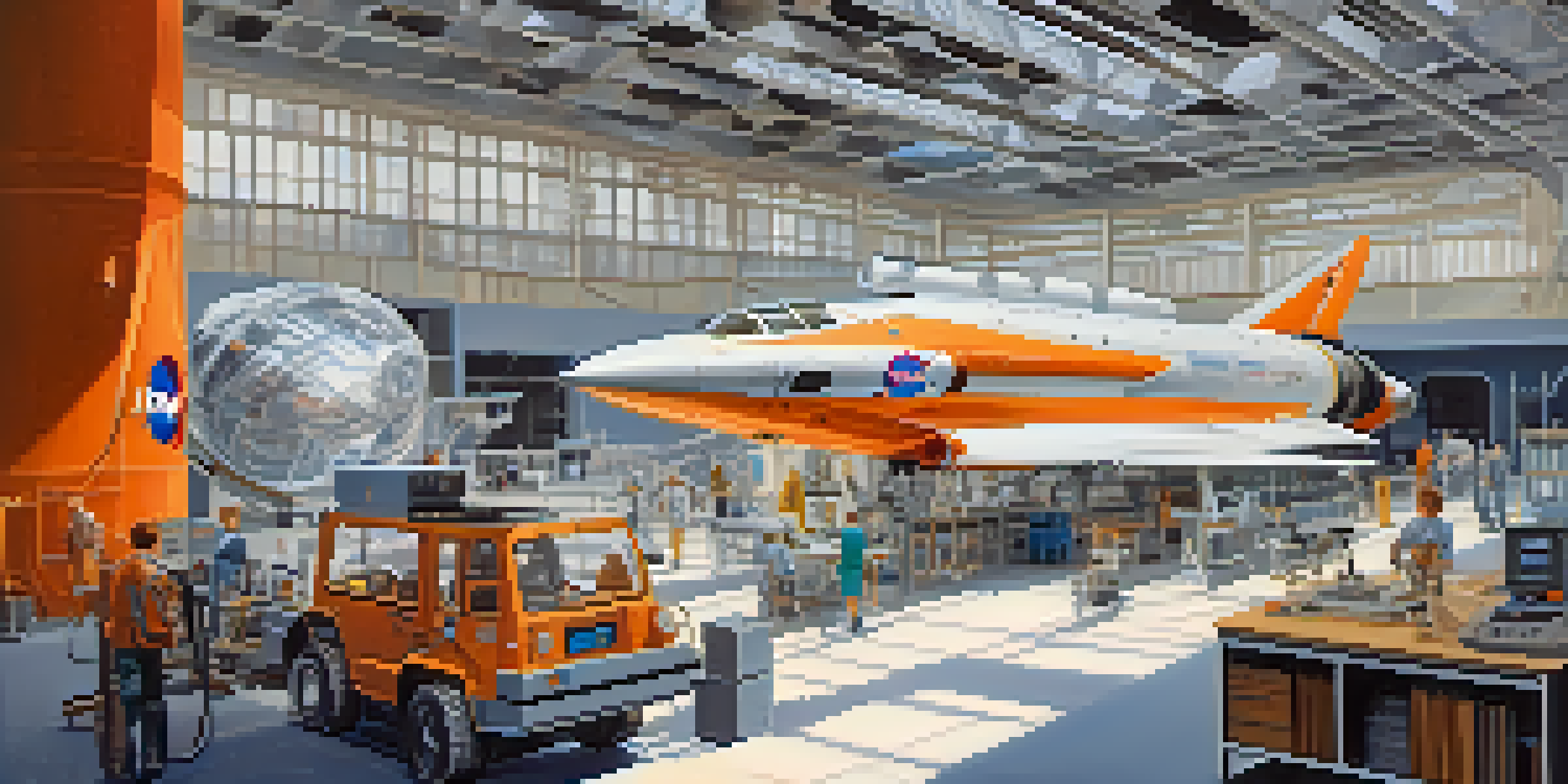 A view of NASA's Jet Propulsion Laboratory with engineers working on a spacecraft prototype in a bright, modern workshop.