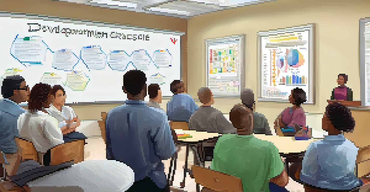 A classroom workshop with diverse adults learning from an instructor, featuring charts and a bright, organized space.