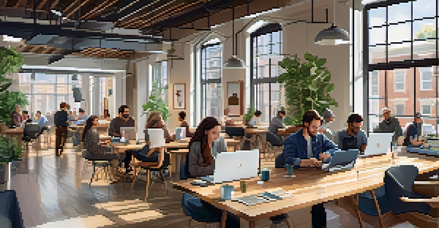 A vibrant coworking space in San Francisco with diverse individuals collaborating and working on laptops, showcasing modern furniture and large windows.