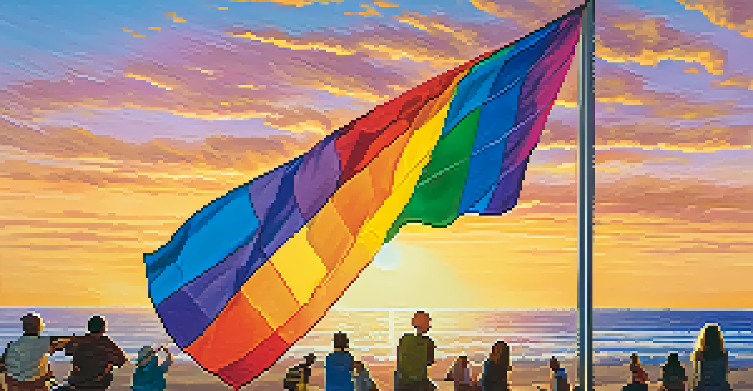 A rainbow flag waving in the wind during sunset, symbolizing LGBTQ+ pride and solidarity.