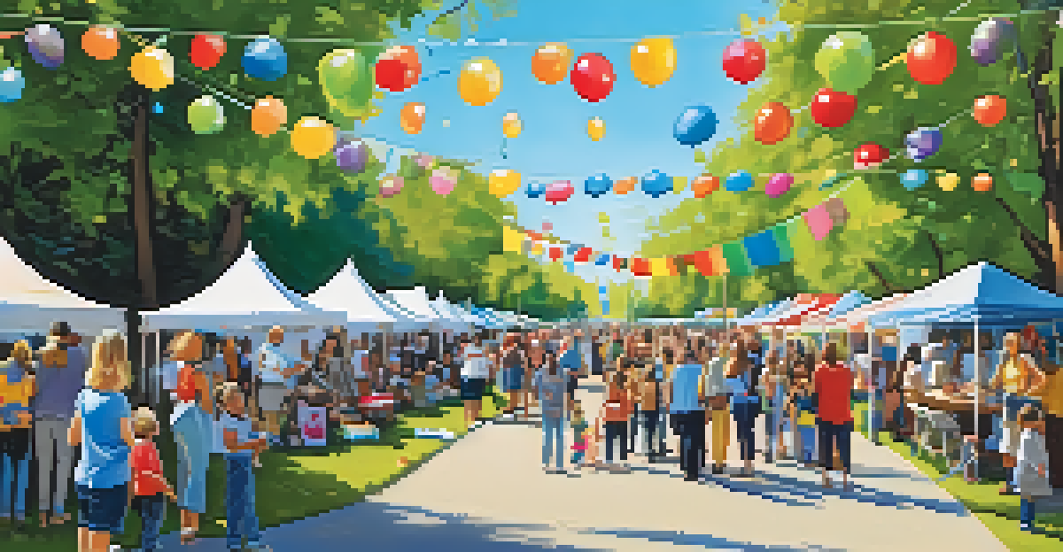A bustling community arts festival in a park, featuring local artists' booths and families participating in creative activities under a bright sky.