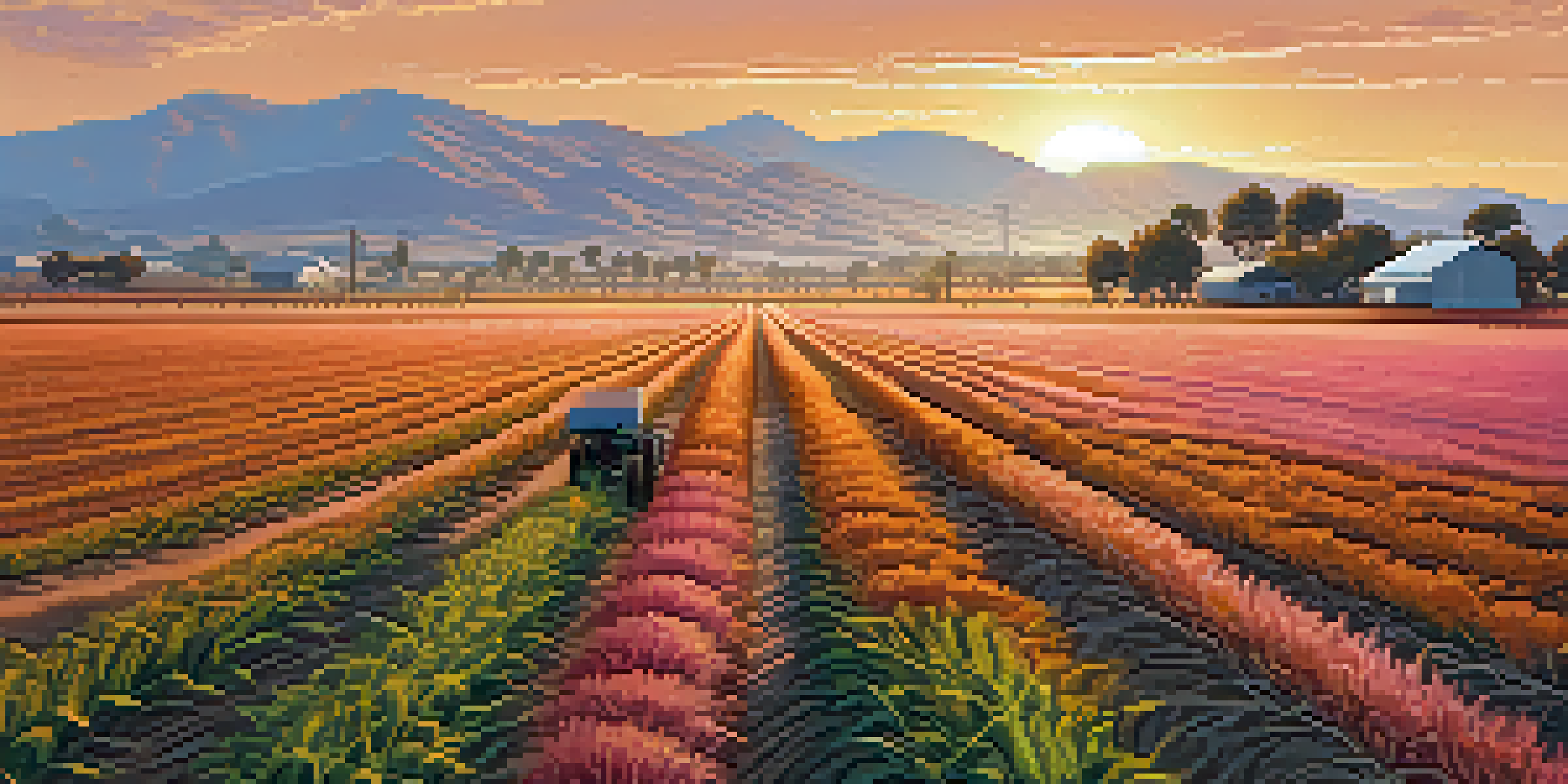 A California farm with drought-resistant crops at sunset, featuring a farmer and a rainwater harvesting system.