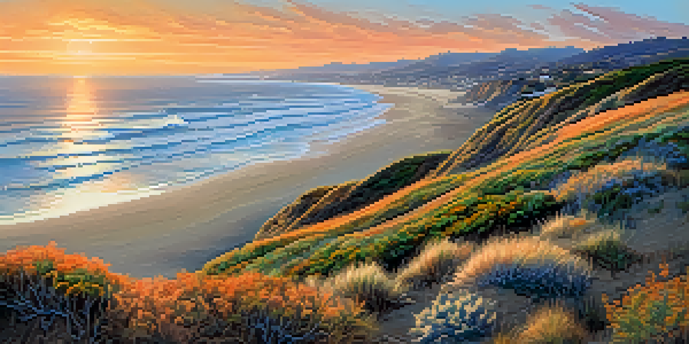 A scenic view of California's coastline at sunset, featuring sandy beaches and rocky cliffs.
