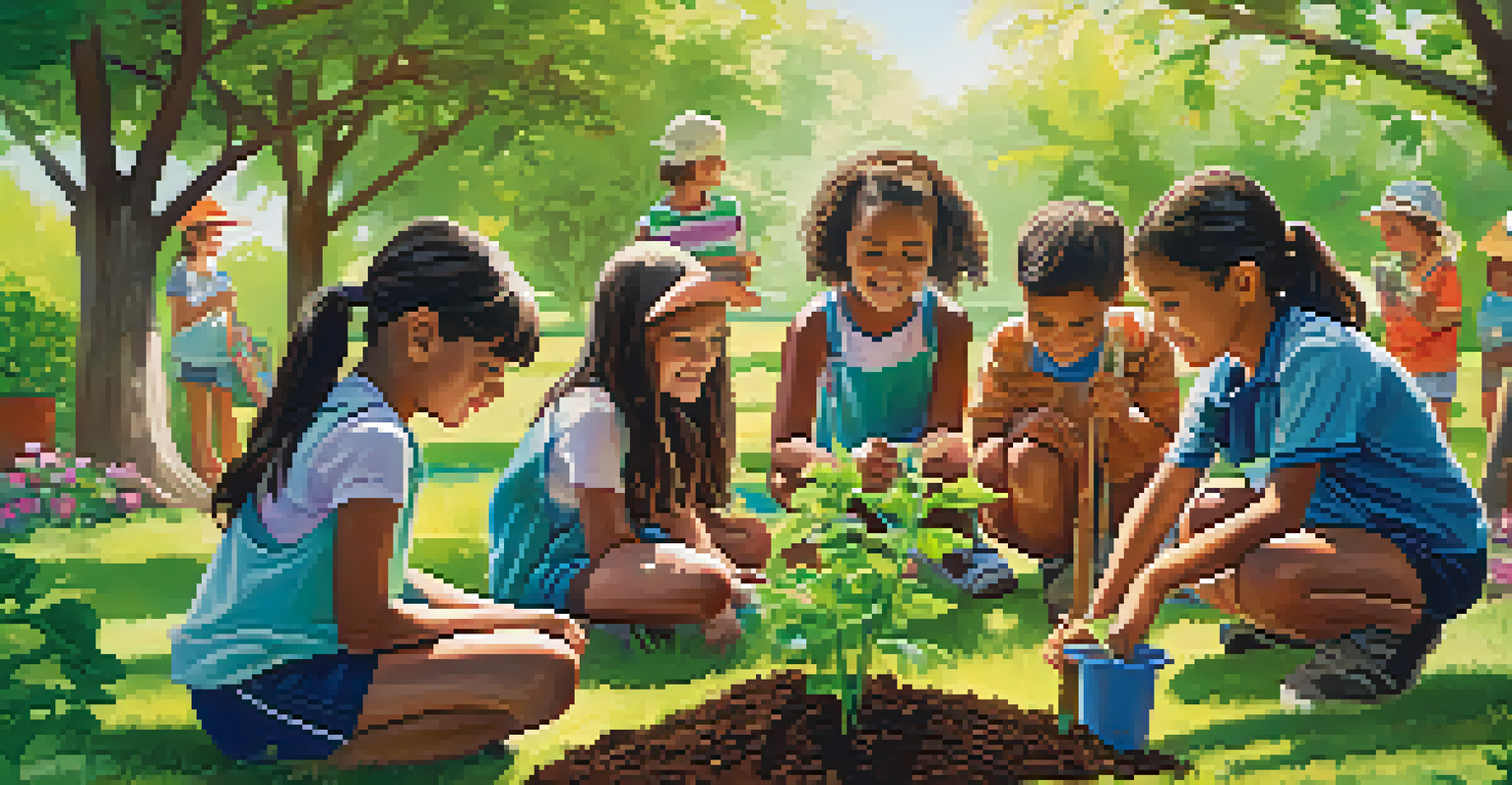 Children planting trees in a community garden as part of an environmental education program.