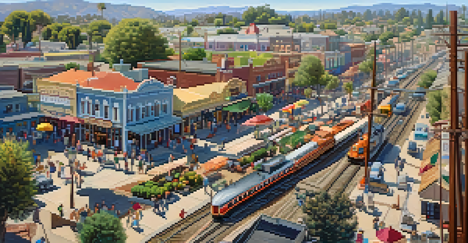 Aerial view of a lively California town with Southern Pacific Railroad station, showing busy streets and colorful buildings.