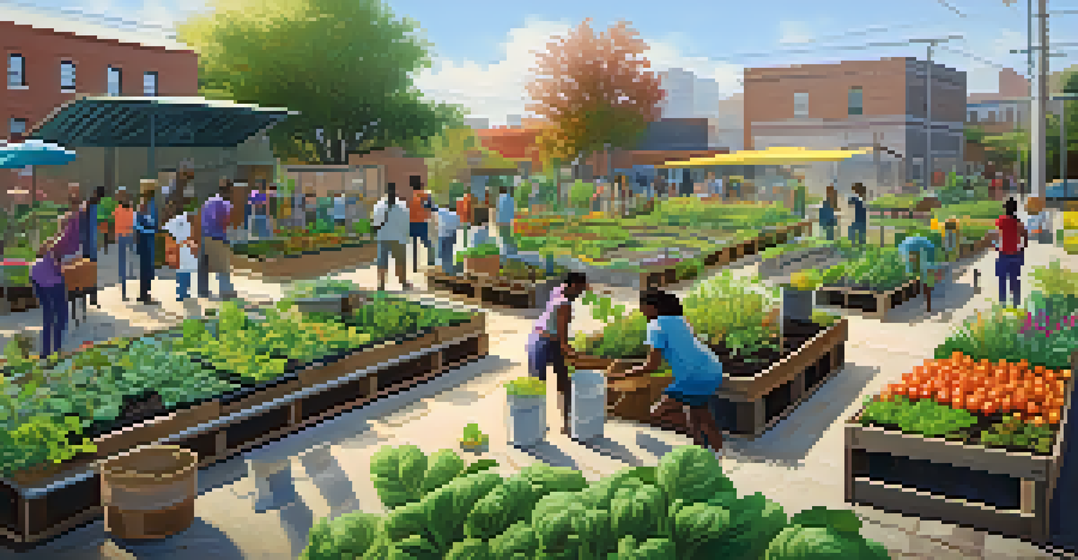 A community garden with people gardening and rainwater collection barrels in the background, under warm sunlight.