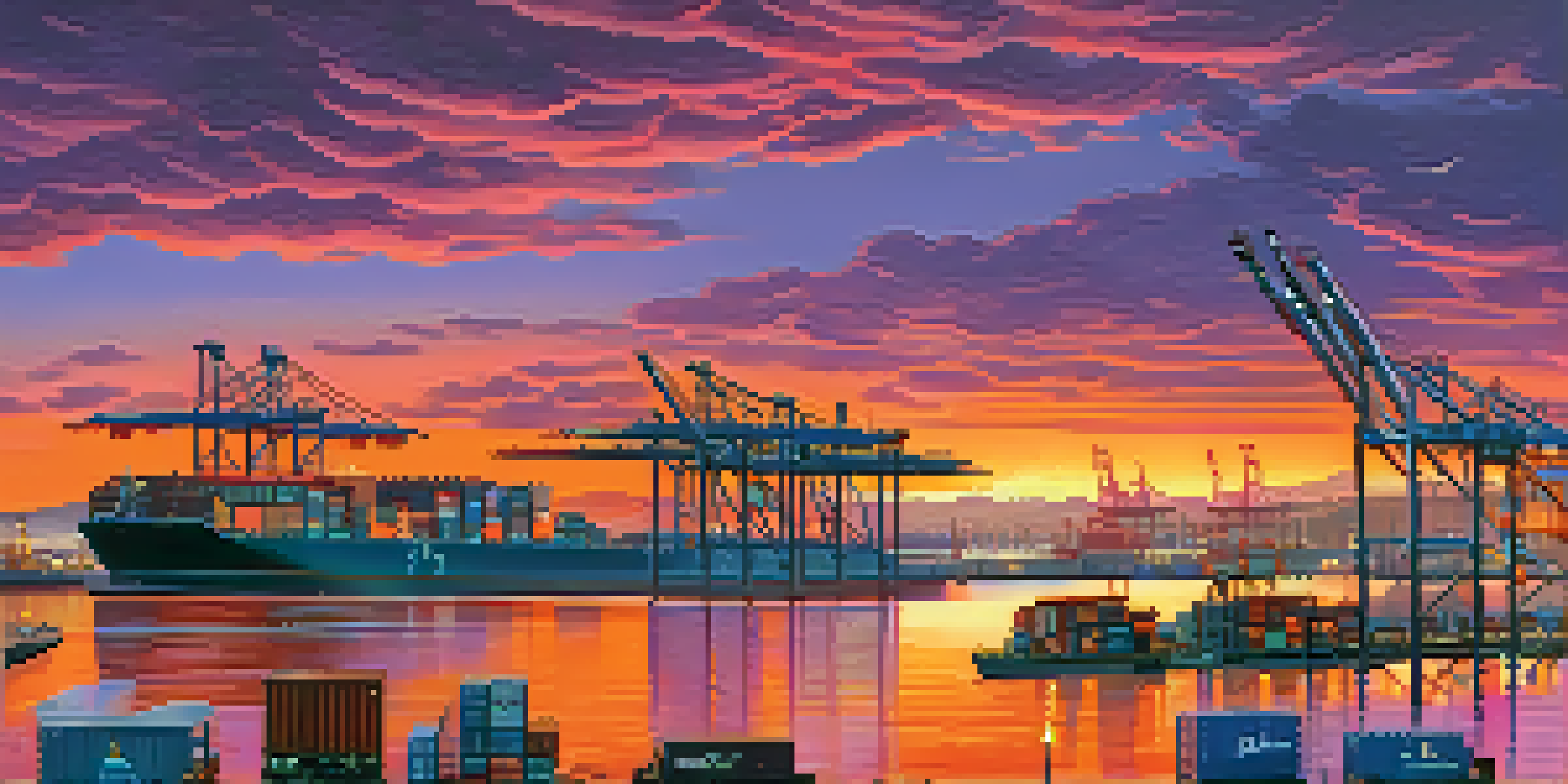 A busy California port during sunset with cargo ships, cranes, and palm trees.