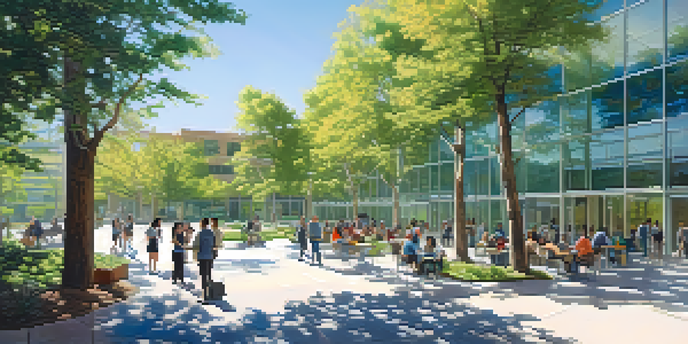 A vibrant Silicon Valley tech campus with modern architecture, people collaborating and working in green spaces under a bright sky.