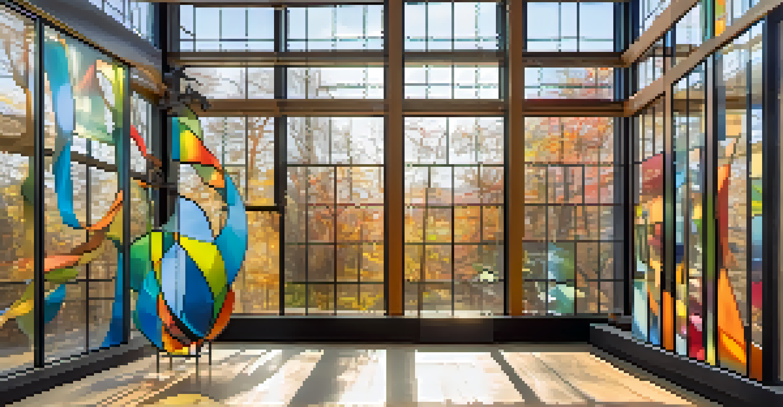 A contemporary art installation in a gallery showcasing a colorful sculpture made from recycled materials in natural light.
