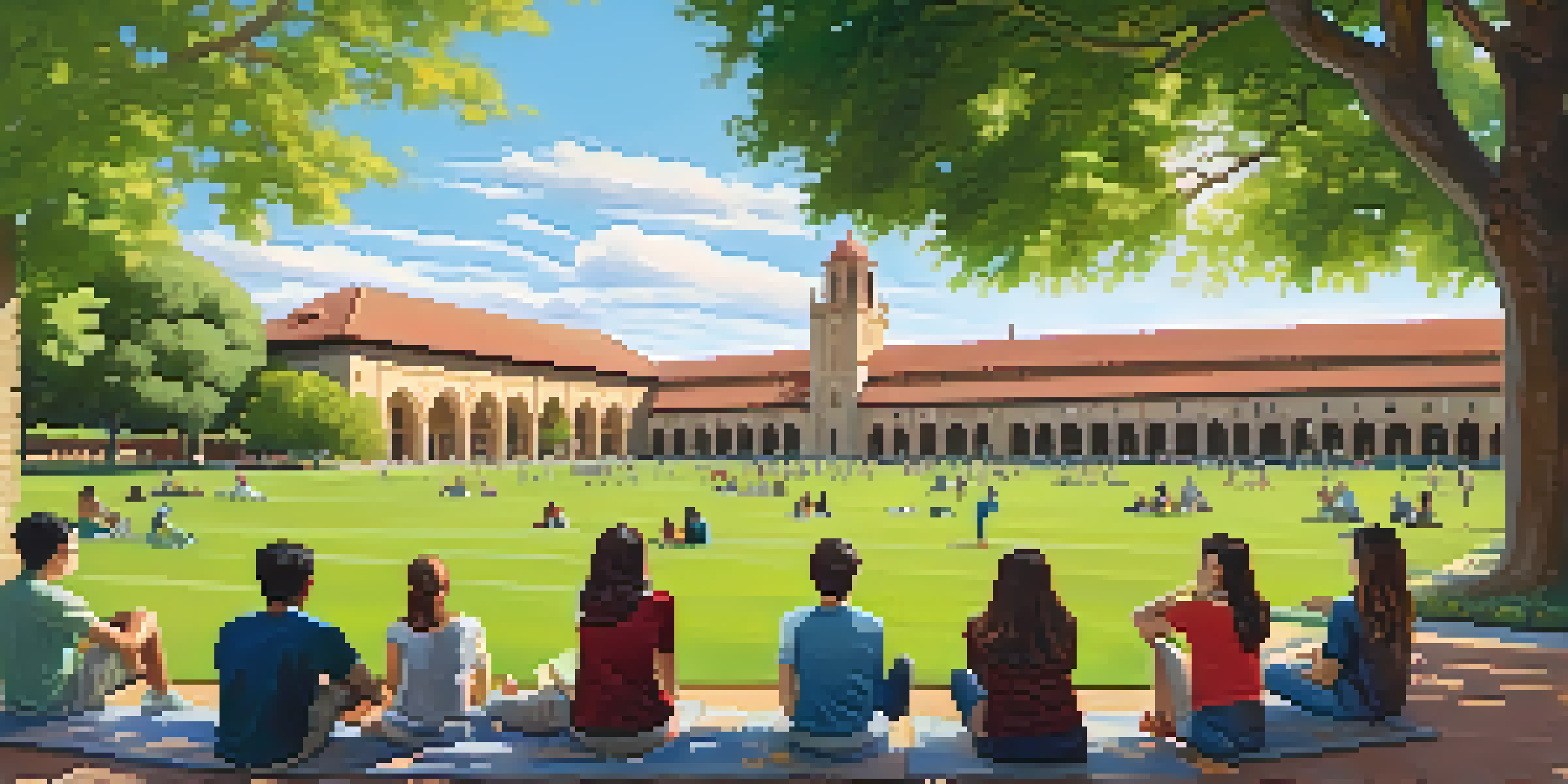 A scenic view of Stanford University featuring its red-tiled roofs, green lawns, and students participating in outdoor activities under a clear sky.