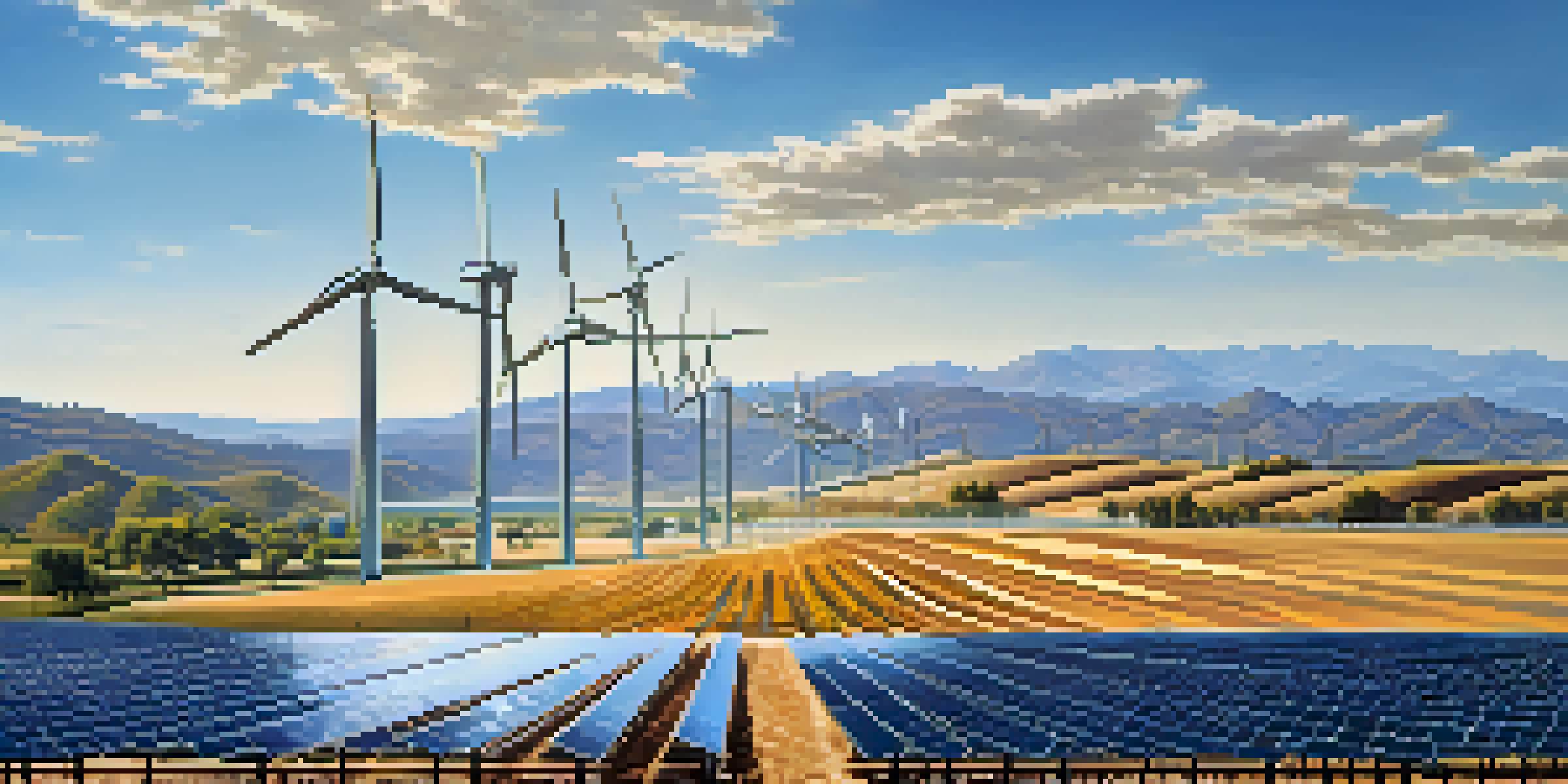 A wide view of a solar energy farm with solar panels and wind turbines under a clear sky in California.