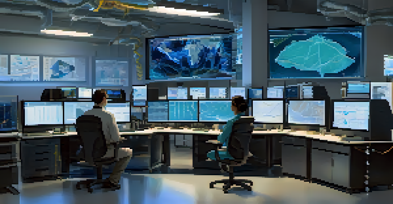 A scientist analyzing seismic data in a modern lab with computer screens showing earthquake alerts and tectonic models.