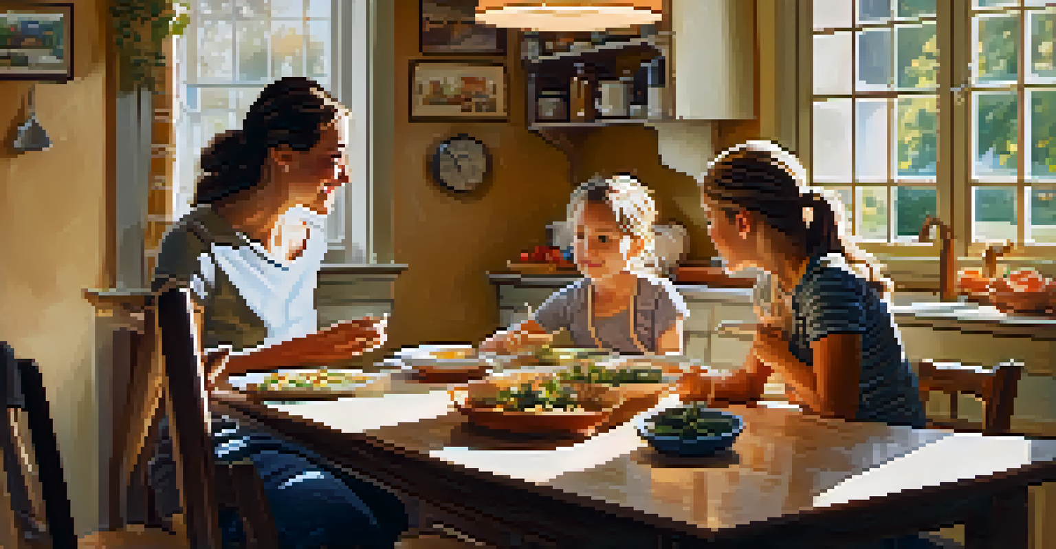 A family gathered around a kitchen table sharing a meal, in a bright and cozy kitchen setting that emphasizes warmth and togetherness.