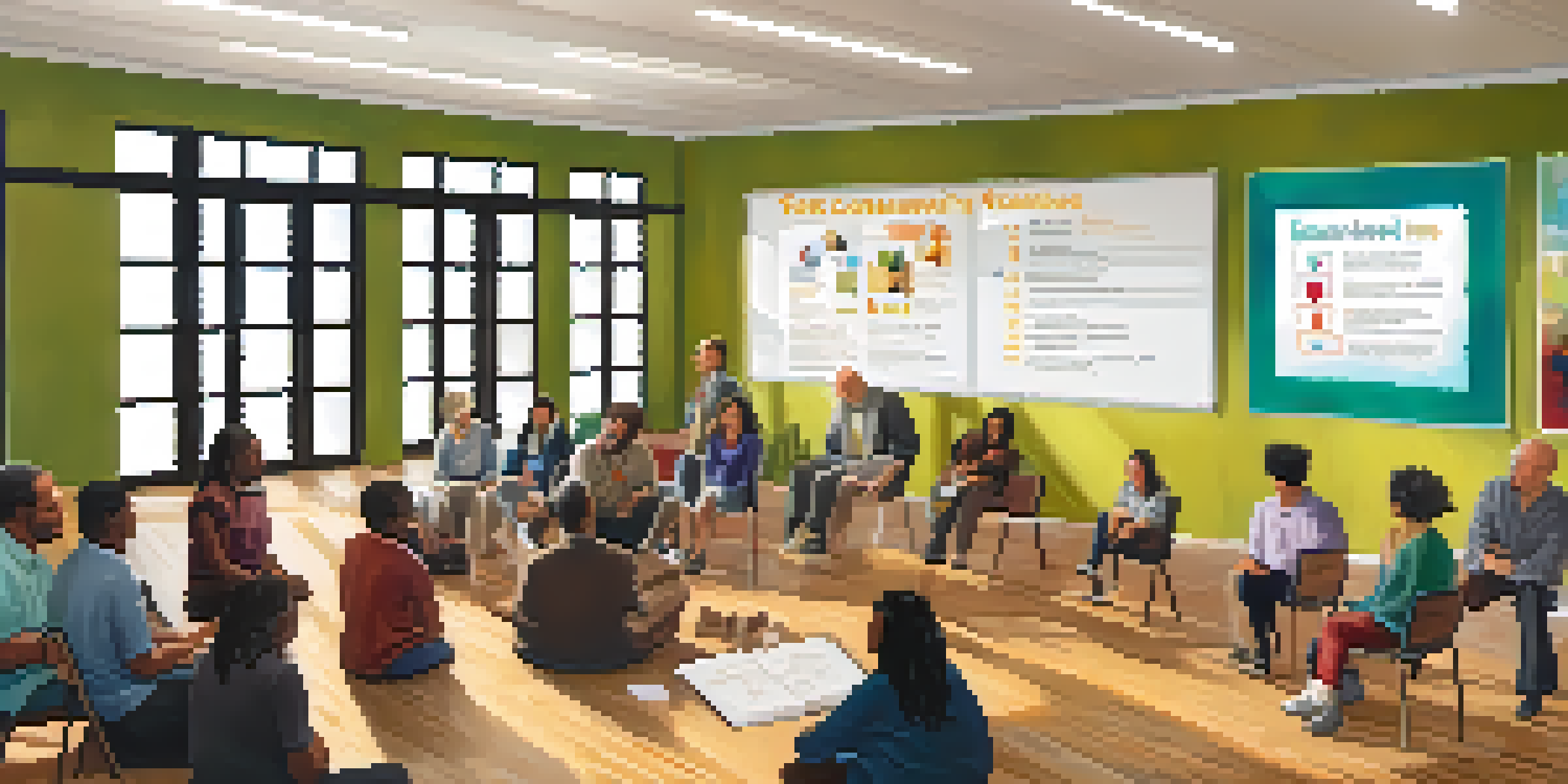 A diverse group of community members gathered in a bright meeting hall, discussing recovery strategies with a whiteboard filled with ideas.