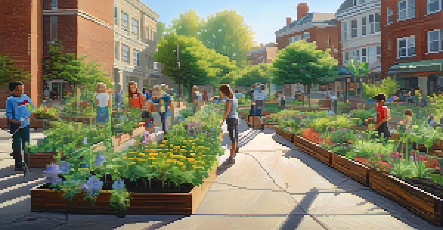 Young volunteers working in an urban garden, surrounded by lush plants and flowers under soft sunlight.