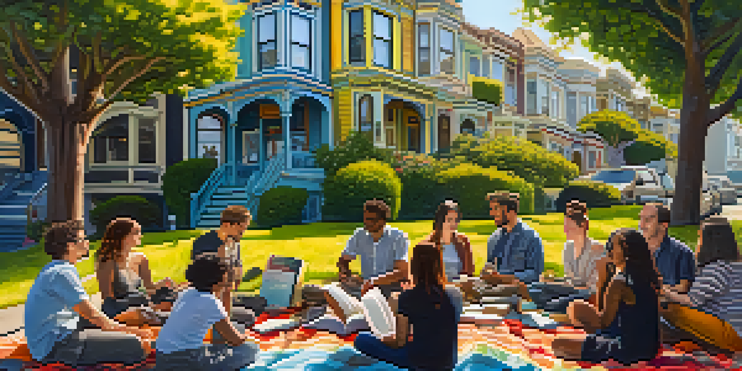 A lively poetry reading in Haight-Ashbury, with artists and poets sitting on colorful blankets under sunlight, surrounded by trees and Victorian houses.