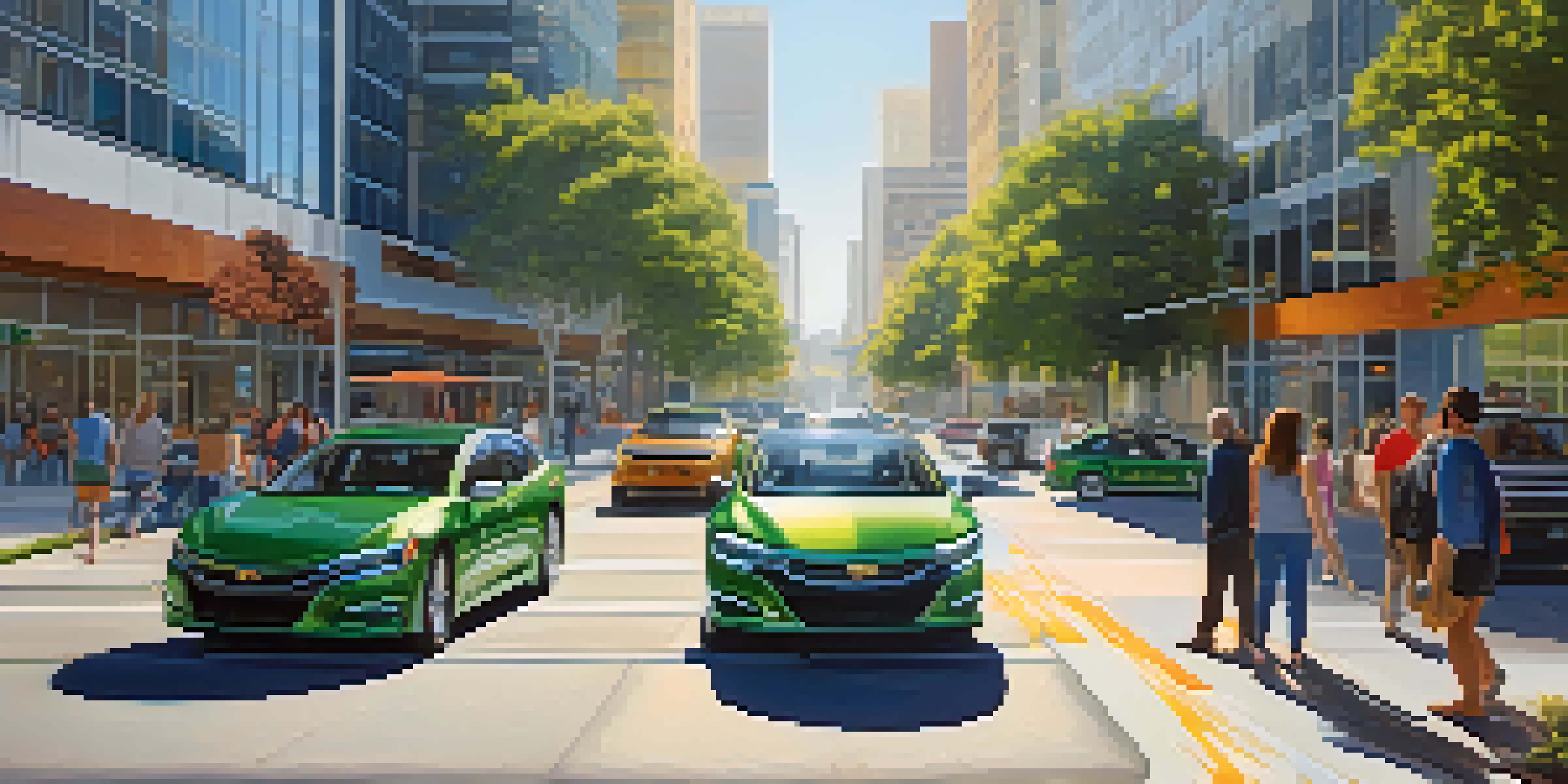 A lively street in Silicon Valley filled with modern office buildings, professionals discussing, and green spaces, under bright sunlight.