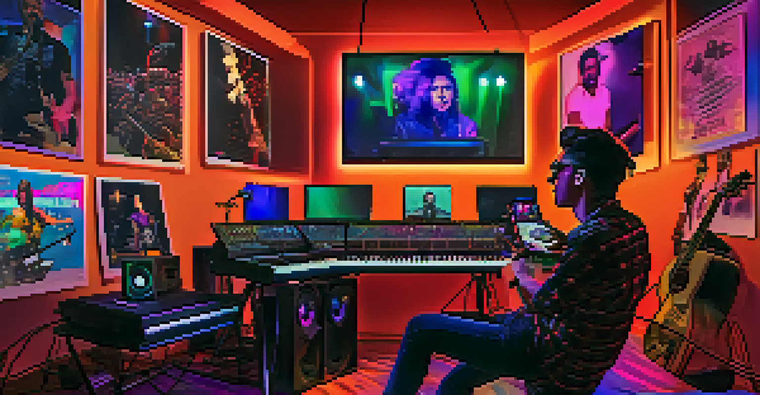 An artist performing a virtual concert in a vibrant room filled with LED lights and multiple screens.