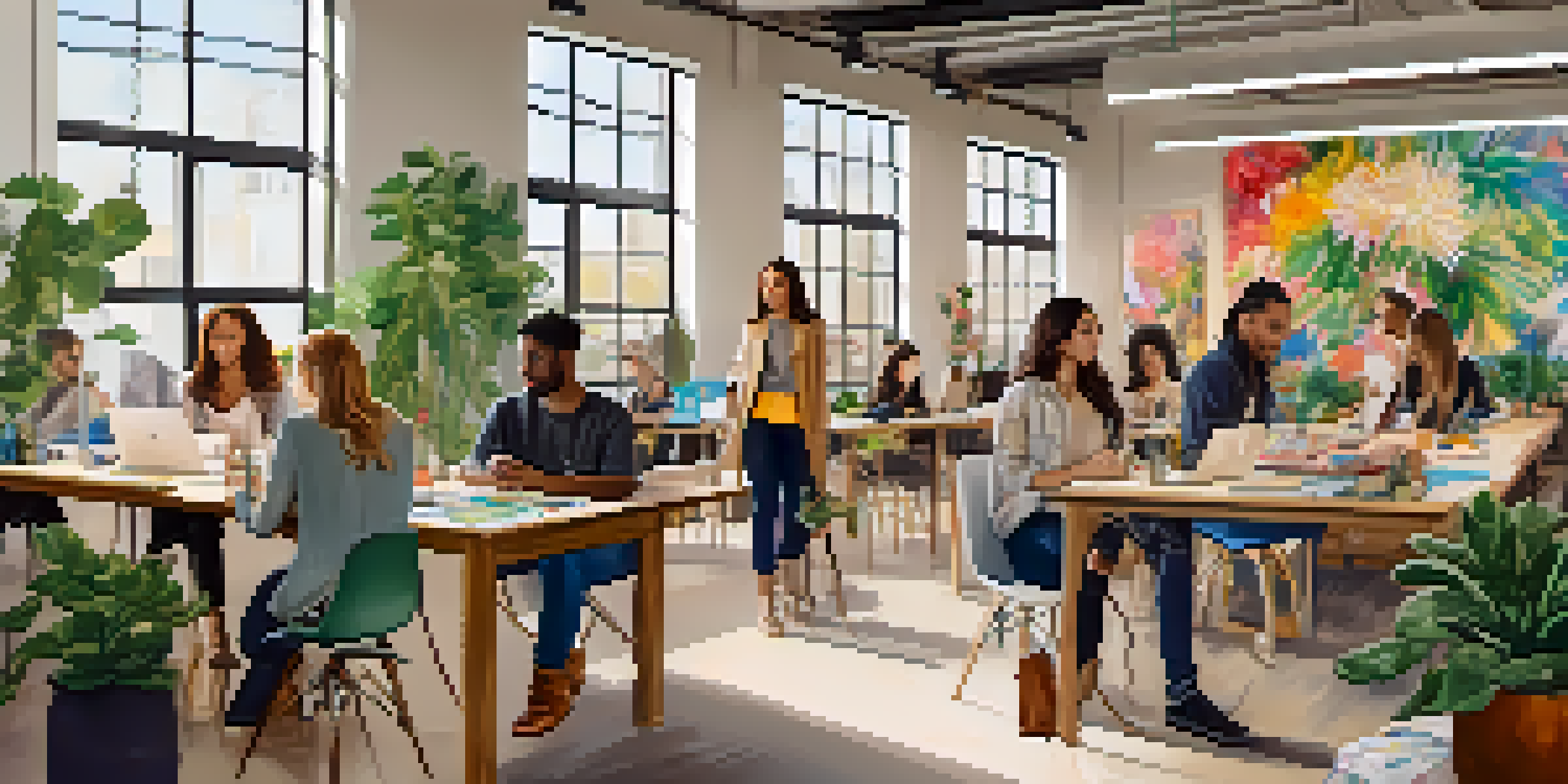 A diverse group of young entrepreneurs in a bright co-working space, discussing fashion ideas with colorful fabrics and sketches around them.
