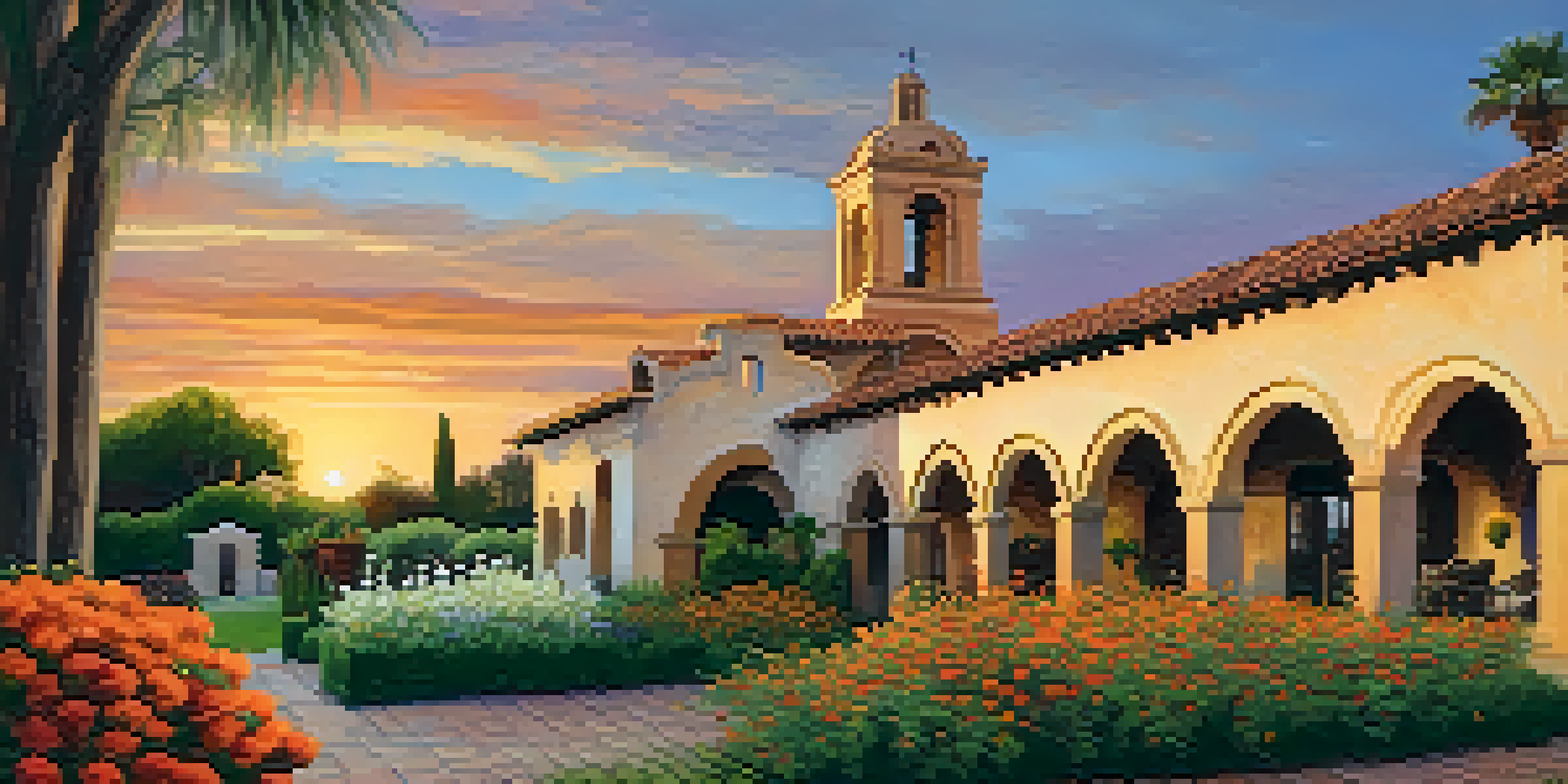 A picturesque sunset view of Mission San Juan Capistrano, highlighting its bell wall and arches with colorful gardens in the foreground.