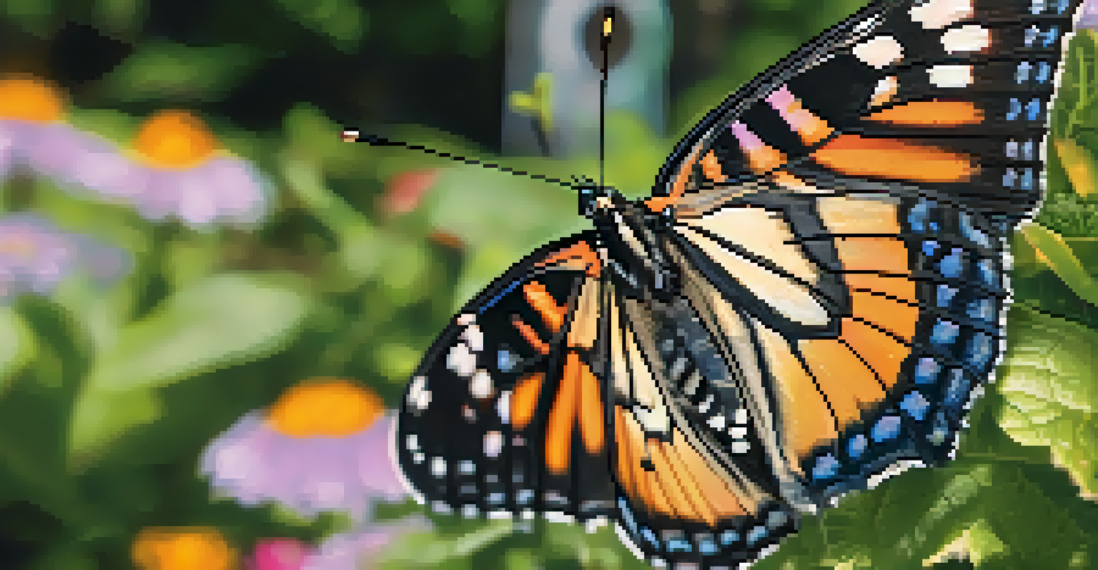 A detailed close-up of a butterfly on a flower in a community garden, showcasing vibrant colors and textures.