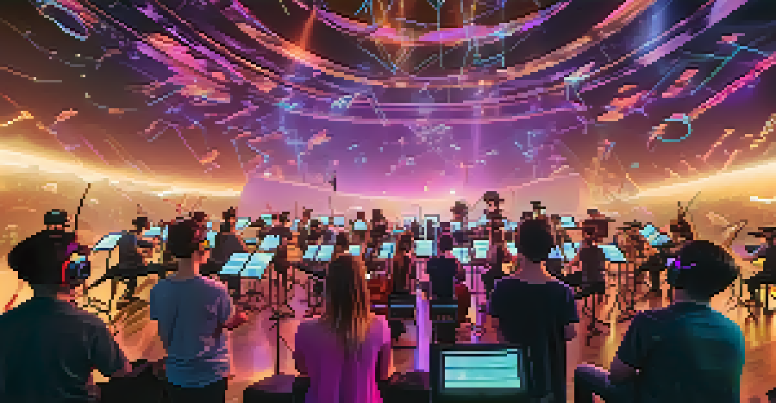 Students in a virtual reality music lesson, surrounded by holographic musical notes in a futuristic concert hall.