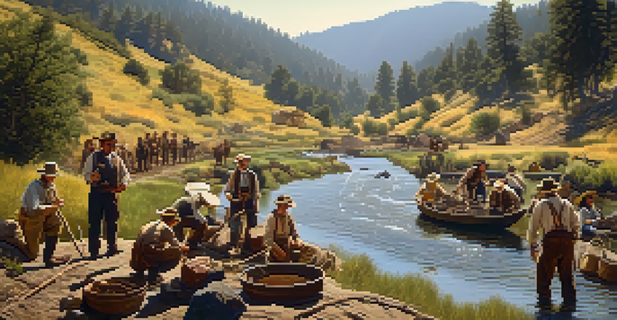 An illustration of California's Gold Rush era showing miners panning for gold in a river, surrounded by hills and diverse settlers in 19th-century attire.