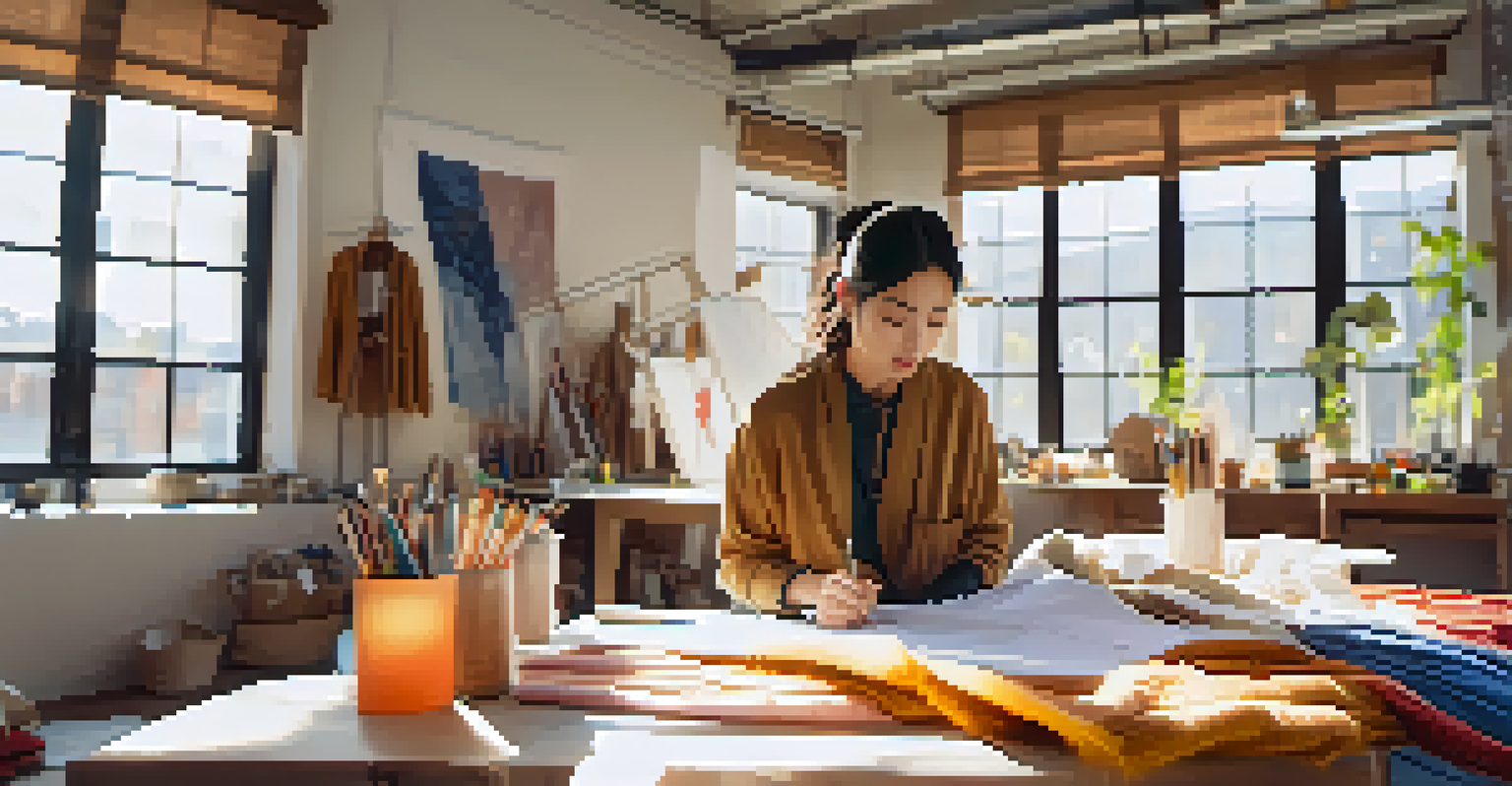 A female designer sketching designs in a well-lit studio filled with colorful sustainable materials and tools.