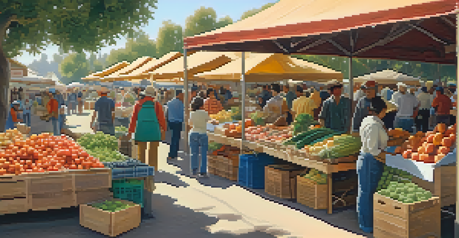 A vibrant farmers market in California with immigrant workers selling fresh produce, surrounded by colorful fruits and vegetables under warm sunlight.