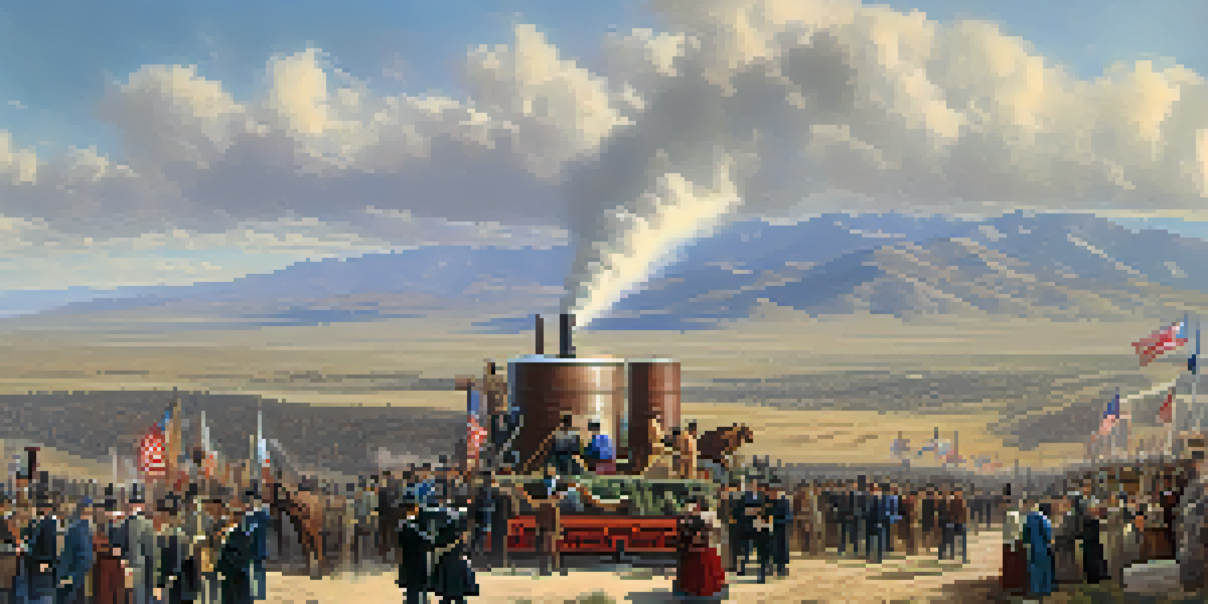 A historic scene showing the Golden Spike ceremony at Promontory Summit, Utah, with a diverse crowd celebrating the completion of the Transcontinental Railroad.