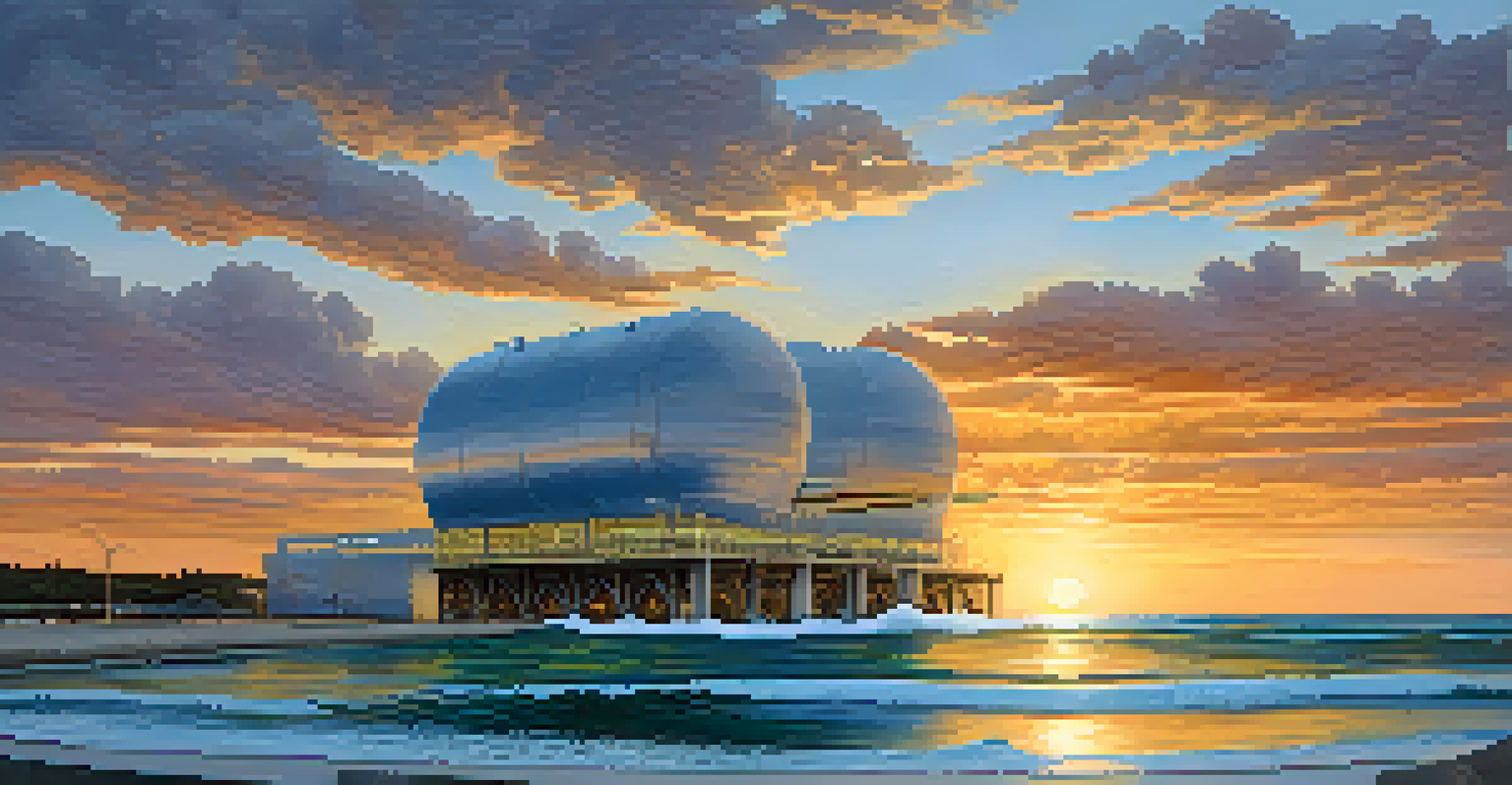 A modern desalination plant by the ocean, showcasing machinery and waves, against a stunning sunset sky highlighting the process of turning seawater into freshwater.